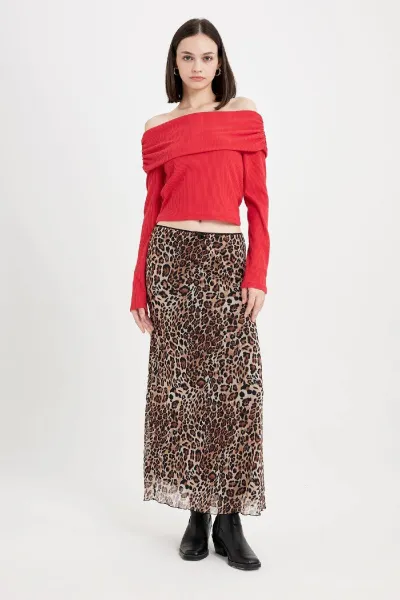 DEFACTO Fitted Bodycon Off Shoulder Ribbed Camisole Red Long Sleeve T-Shirt