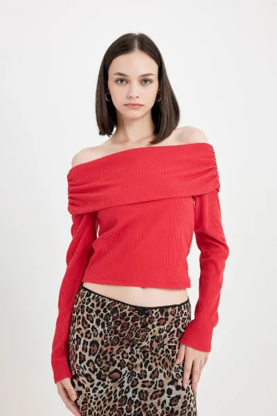 DEFACTO Fitted Bodycon Off Shoulder Ribbed Camisole Red Long Sleeve T-Shirt