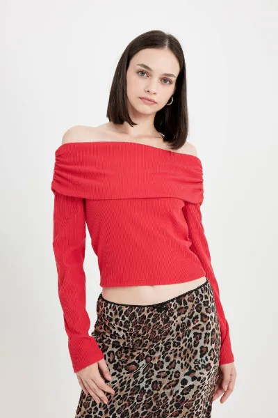DEFACTO Fitted Bodycon Off Shoulder Ribbed Camisole Red Long Sleeve T-Shirt