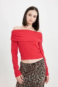 DEFACTO Fitted Bodycon Off Shoulder Ribbed Camisole Red Long Sleeve T-Shirt