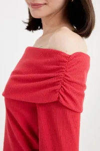 DEFACTO Fitted Bodycon Off Shoulder Ribbed Camisole Red Long Sleeve T-Shirt