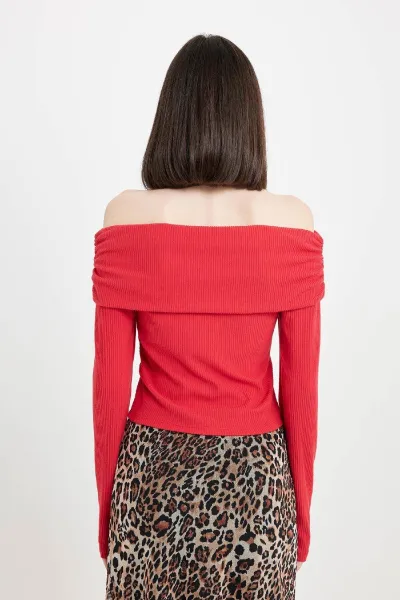 DEFACTO Fitted Bodycon Off Shoulder Ribbed Camisole Red Long Sleeve T-Shirt
