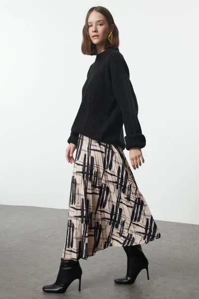 Trendyol Multicolored Patterned Pleated Satin Fabric Midi Length Woven Skirt