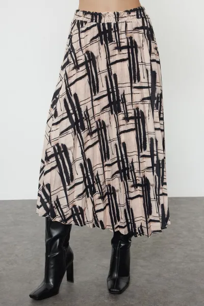 Trendyol Multicolored Patterned Pleated Satin Fabric Midi Length Woven Skirt