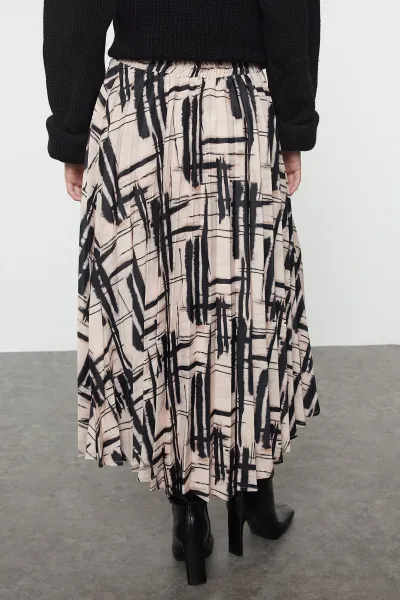 Trendyol Multicolored Patterned Pleated Satin Fabric Midi Length Woven Skirt