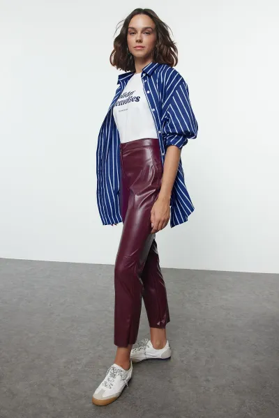 Trendyol Claret Red Faux Leather Cigarette Zippered Woven Trousers