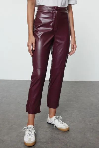 Trendyol Claret Red Faux Leather Cigarette Zippered Woven Trousers