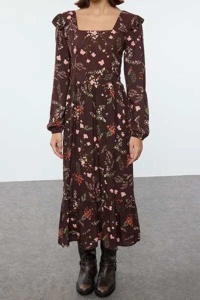 Trendyol Brown Floral A-Line Ruffle 100% Viscose Woven Dress