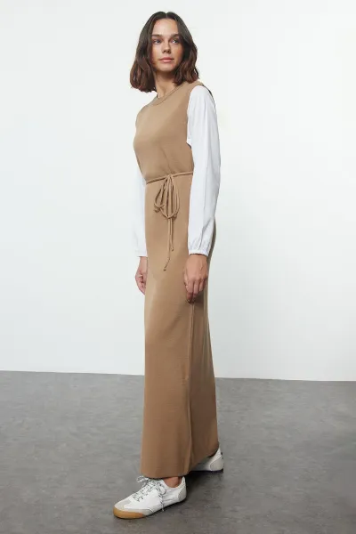 Trendyol Beige Sleeves Woven Piece Detailed Waist Tied Knitwear Dress