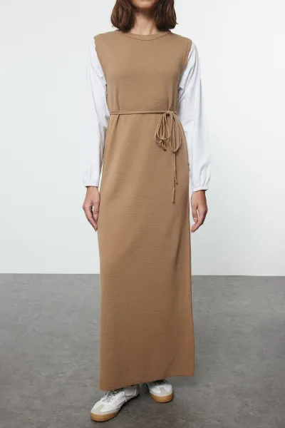 Trendyol Beige Sleeves Woven Piece Detailed Waist Tied Knitwear Dress