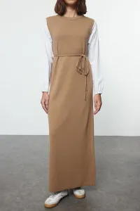 Trendyol Beige Sleeves Woven Piece Detailed Waist Tied Knitwear Dress