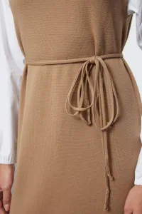 Trendyol Beige Sleeves Woven Piece Detailed Waist Tied Knitwear Dress