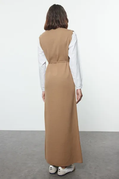 Trendyol Beige Sleeves Woven Piece Detailed Waist Tied Knitwear Dress