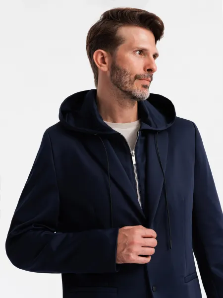Ombre Men's blazer with detachable underlining and hood - navy blue