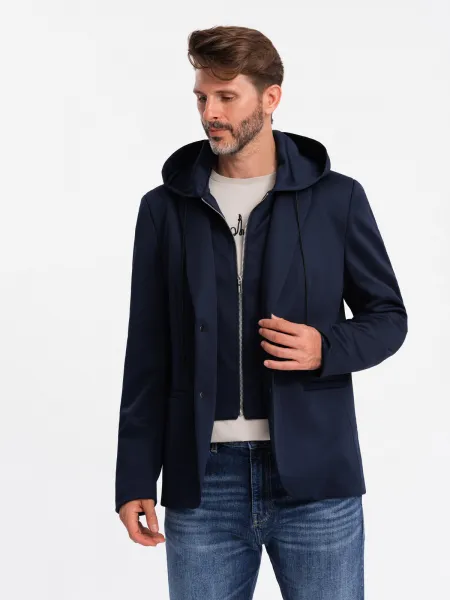 Ombre Men's blazer with detachable underlining and hood - navy blue
