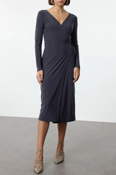 Trendyol Anthracite Double-breasted Belted Fitted/Fits Midi Knit Dress