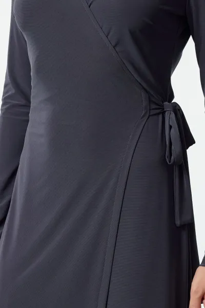 Trendyol Anthracite Double-breasted Belted Fitted/Fits Midi Knit Dress