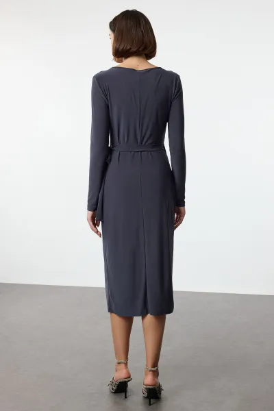 Trendyol Anthracite Double-breasted Belted Fitted/Fits Midi Knit Dress