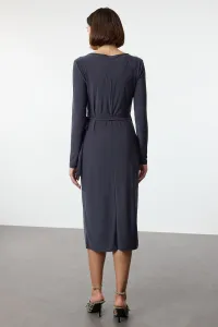 Trendyol Anthracite Double-breasted Belted Fitted/Fits Midi Knit Dress