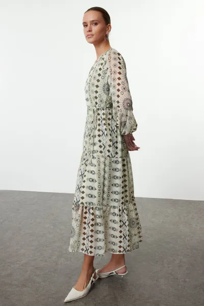 Trendyol Green Belted Ethnic A-Line Maxi Woven Winter Dress