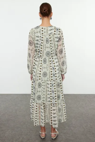 Trendyol Green Belted Ethnic A-Line Maxi Woven Winter Dress