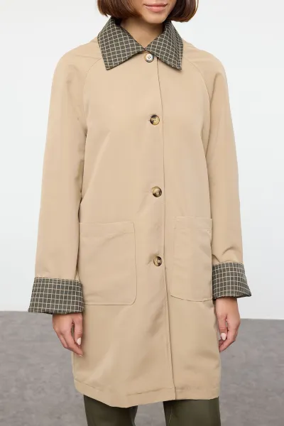 Trendyol Beige Plaid Lined Regular Midi Trench Coat