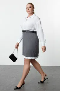 Trendyol Curve Anthracite-White Belted Shirt-Skirt Plus Size Woven Dress