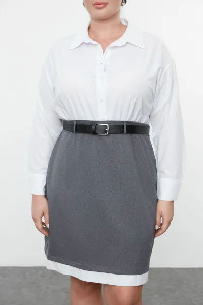Trendyol Curve Anthracite-White Belted Shirt-Skirt Plus Size Woven Dress
