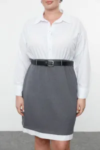 Trendyol Curve Anthracite-White Belted Shirt-Skirt Plus Size Woven Dress