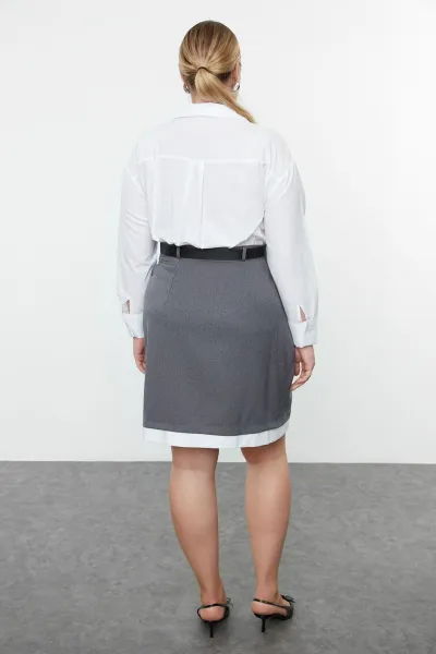 Trendyol Curve Anthracite-White Belted Shirt-Skirt Plus Size Woven Dress