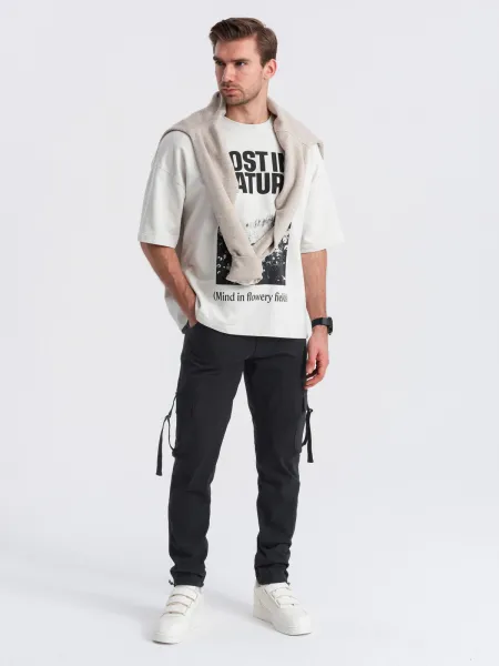 Ombre Men's cargo pants STRAIGHT LEG with stripes on pockets - black