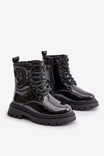 Patent leather ankle boots with fur on a zip black Evaliraea