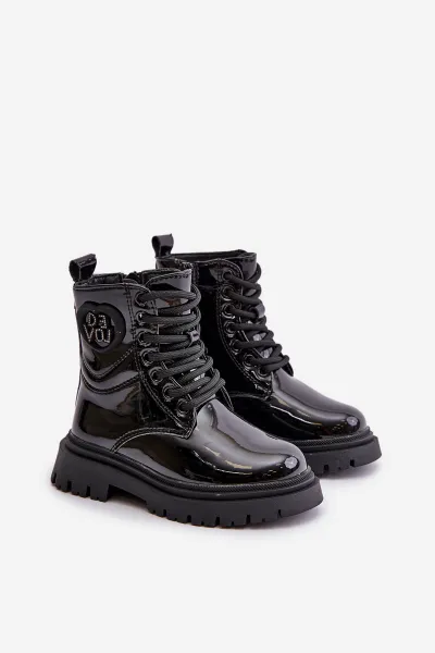 Patent leather ankle boots with fur on a zip black Evaliraea