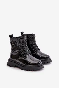 Patent leather ankle boots with fur on a zip black Evaliraea