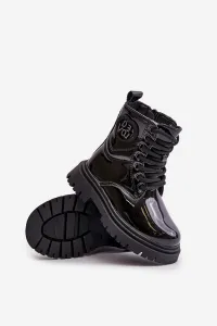 Patent leather ankle boots with fur on a zip black Evaliraea