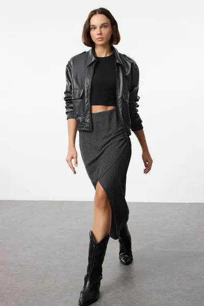 Trendyol Black Double Breasted Textured Gathered/Draped Detailed Midi Skirt