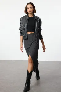 Trendyol Black Double Breasted Textured Gathered/Draped Detailed Midi Skirt