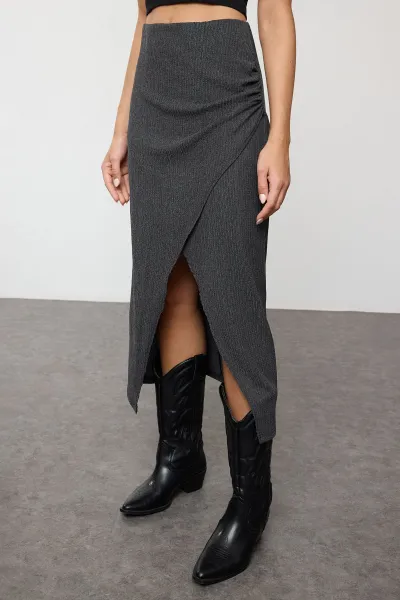 Trendyol Black Double Breasted Textured Gathered/Draped Detailed Midi Skirt