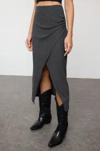 Trendyol Black Double Breasted Textured Gathered/Draped Detailed Midi Skirt