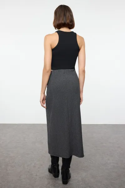 Trendyol Black Double Breasted Textured Gathered/Draped Detailed Midi Skirt