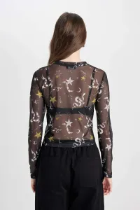 DEFACTO Cool Fitted Body Patterned Tulle Short Sleeve Black T-Shirt