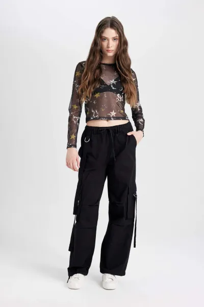 DEFACTO Cool Fitted Body Patterned Tulle Short Sleeve Black T-Shirt