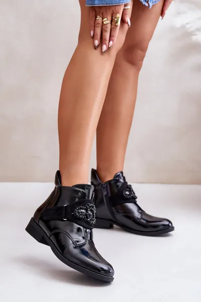 Lacquered women's ankle boots with decoration insulated S.Barski black