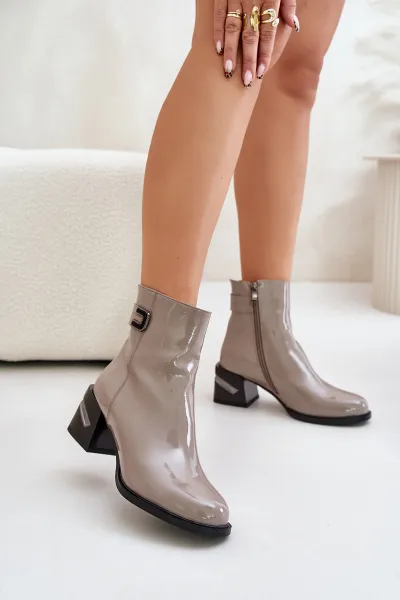 Patent leather ankle boots with heels - insulated grey