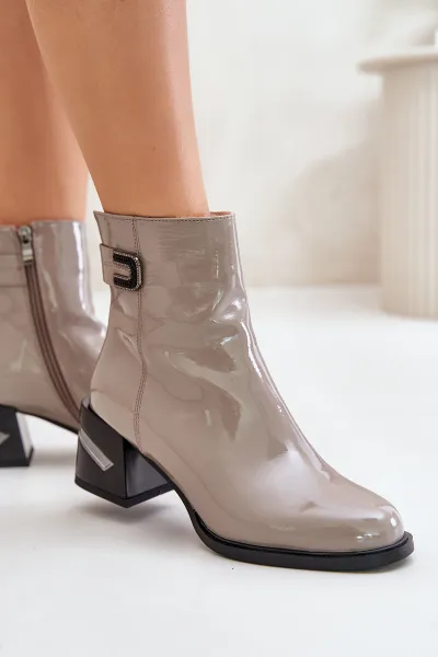 Patent leather ankle boots with heels - insulated grey