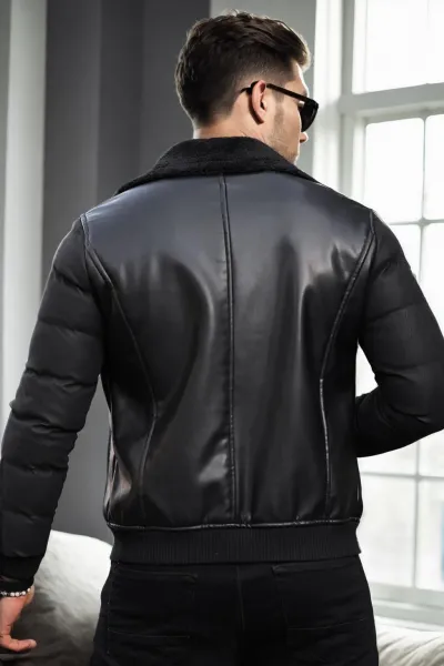 16456 Dewberry Faux Fur Inside Slim Fit Mens Winter Coat-BLACK-BLACK