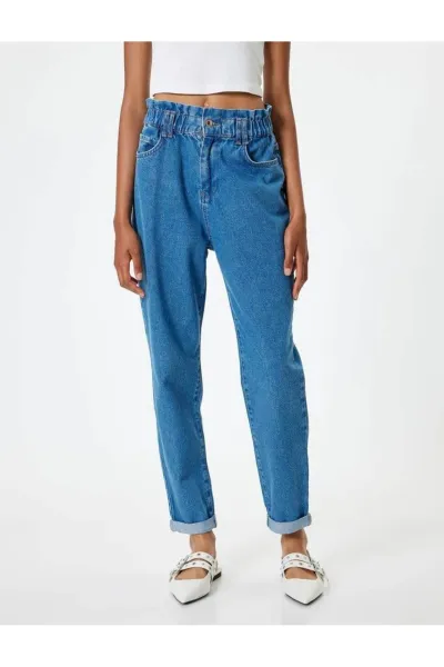 Koton Elastic Waist High Waist Buttoned Mom Jeans
