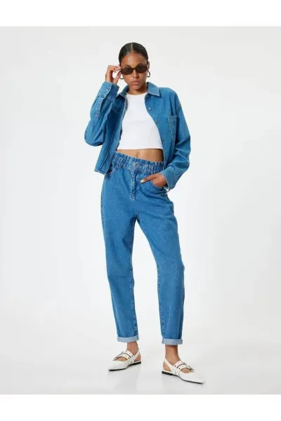 Koton Elastic Waist High Waist Buttoned Mom Jeans