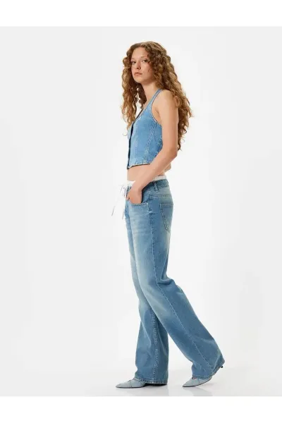Koton Wide Leg Jeans Double Waist Detail Cotton - Straight Fit Jeans