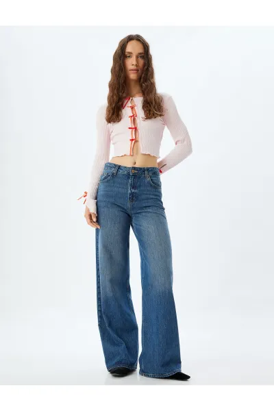 Koton Bow Crop Cardigan Ribbed Slim Fit Long Sleeve Round Neck Cotton